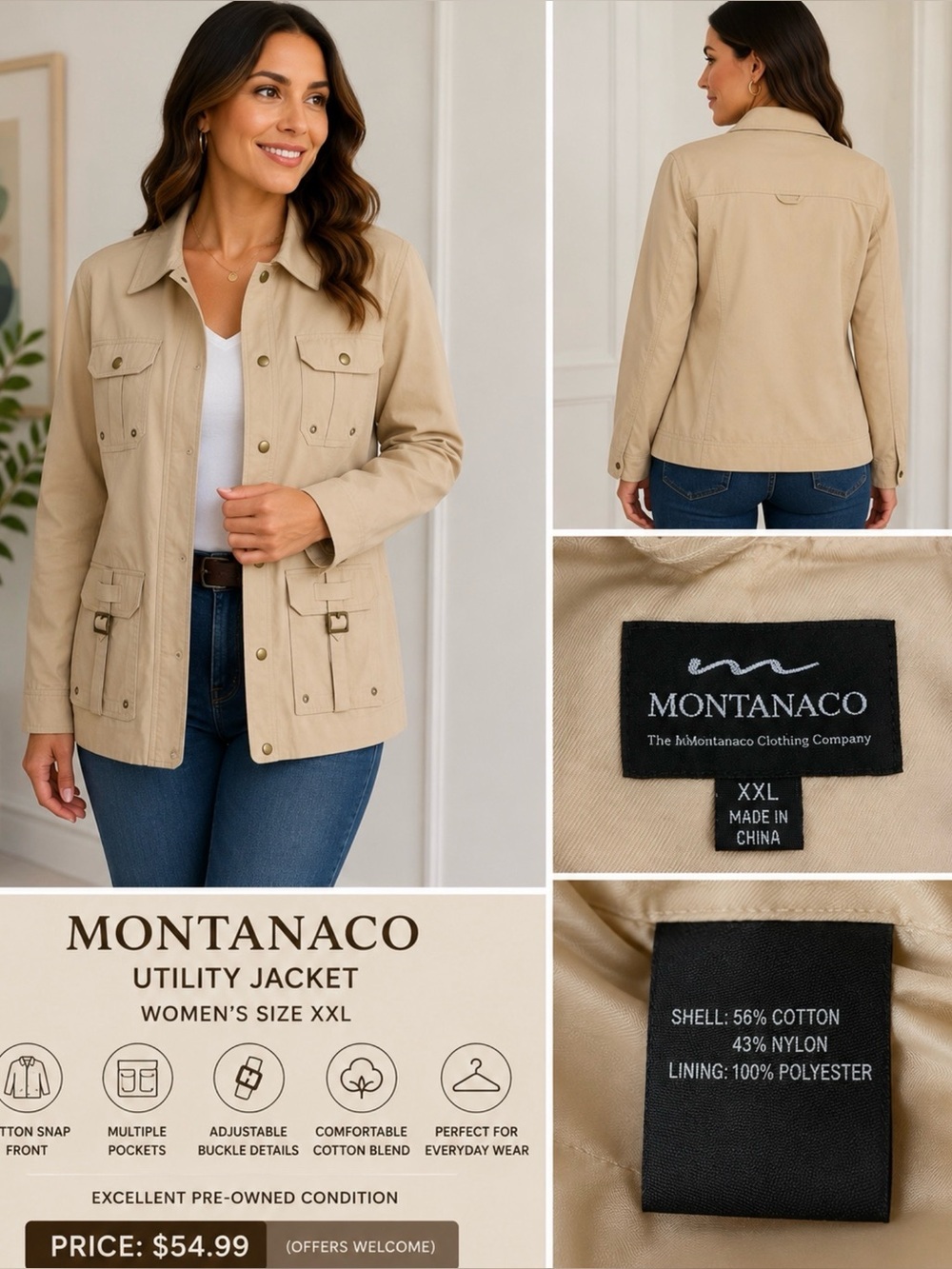 Montanaco Women’s Beige Utility Safari Jacket XXL Lightweight Snap Front